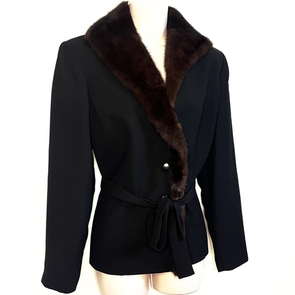 SHANI Mink Collar Jacket Blazer Style Belted Size 10 Black Brown Lined FLAWLESS - Picture 3 of 13